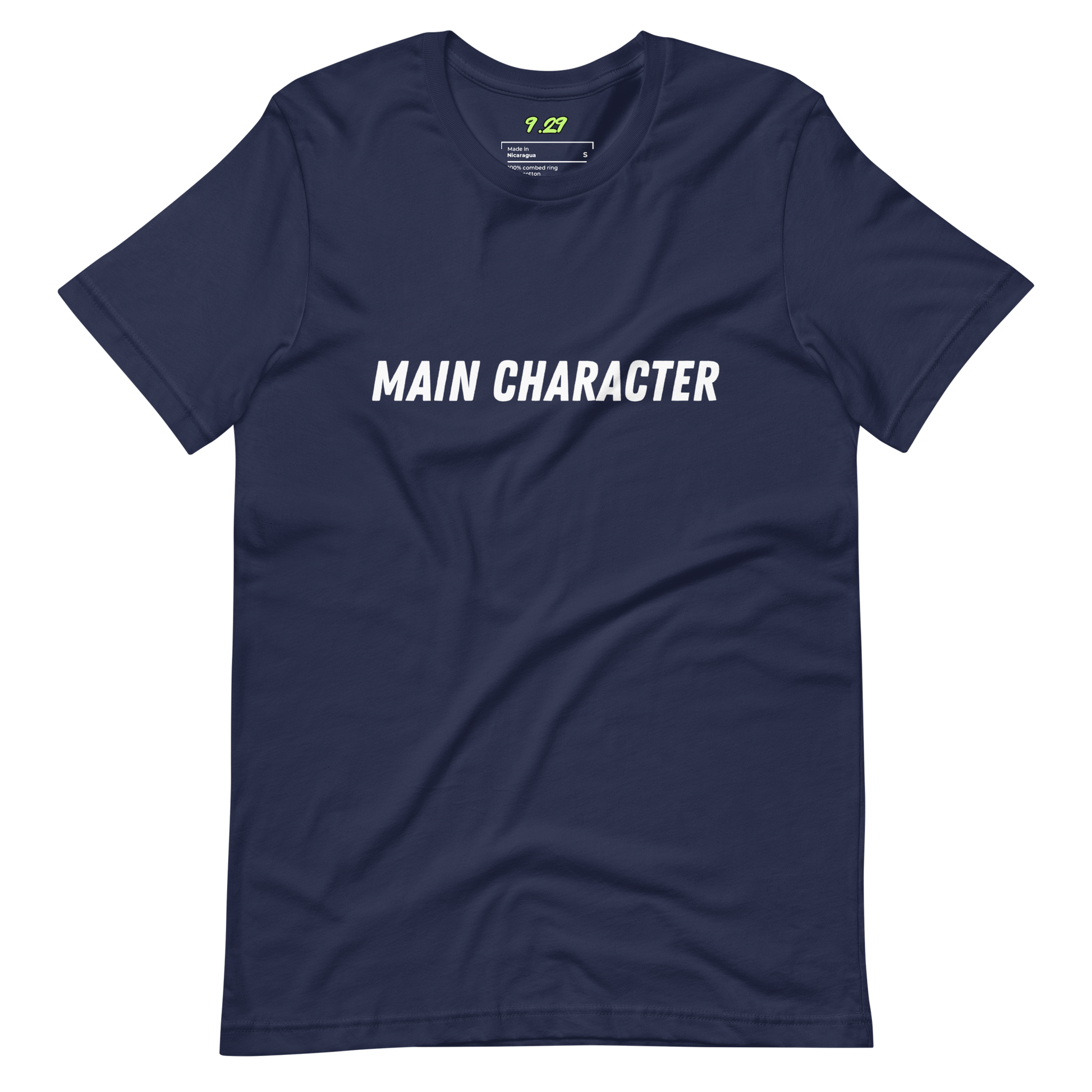 Navy t-shirt with "Main character" Original Nine-29 Design