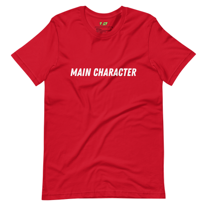 Red t-shirt with "Main character" Original Nine-29 Design