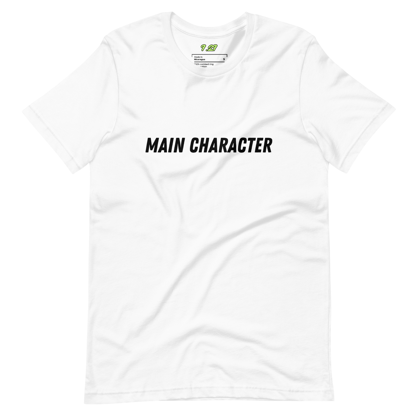 White t-shirt with "Main character" Original Nine-29 Design