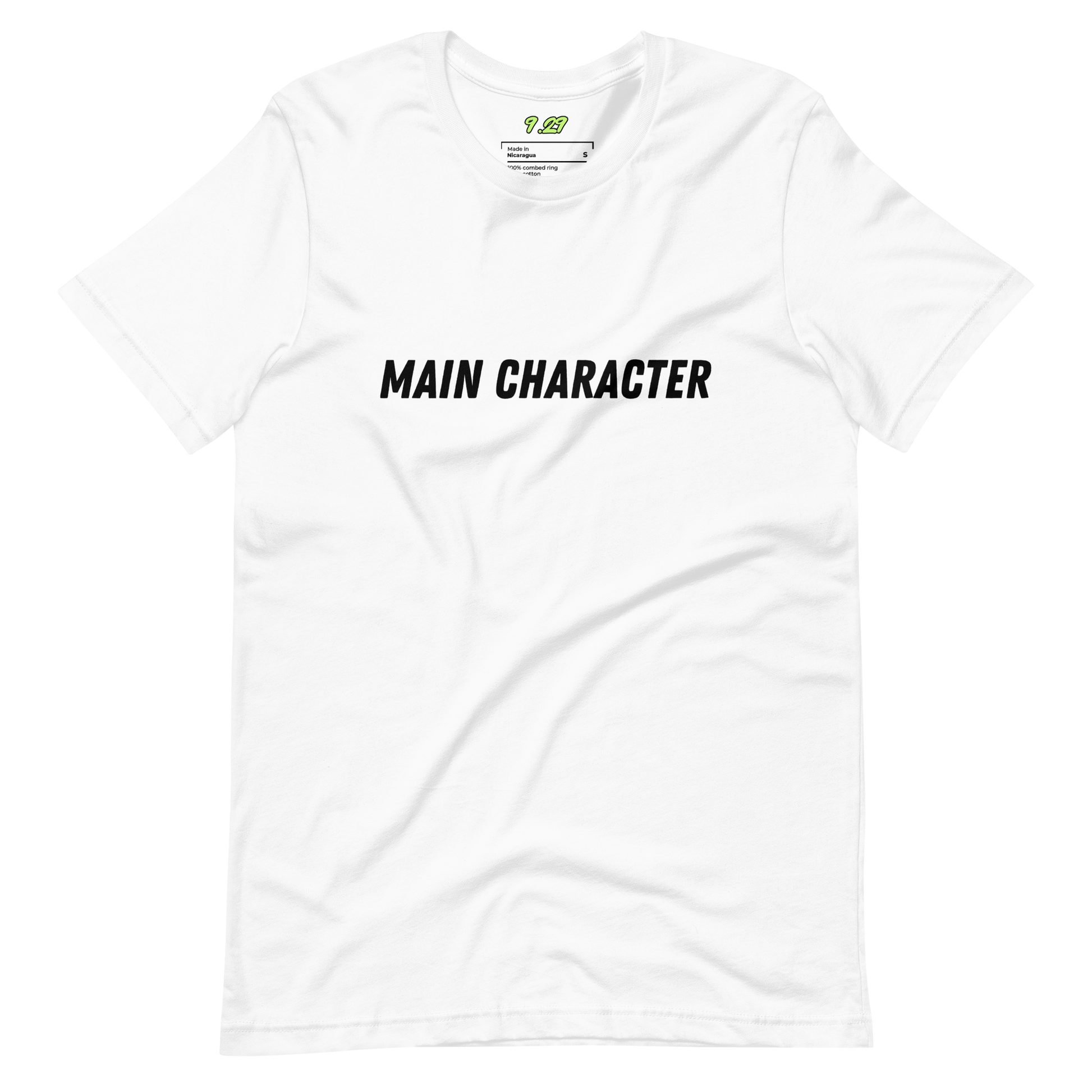 White t-shirt with "Main character" Original Nine-29 Design