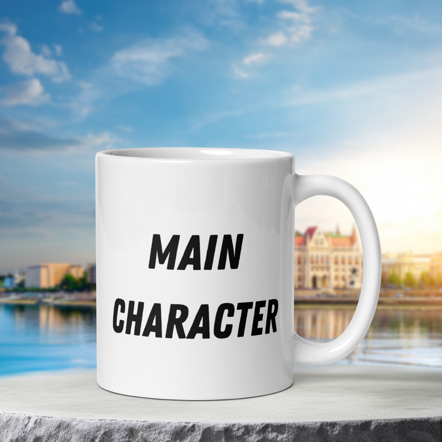 Thumbnail with White mug with "Main character" Original Nine-29 Design