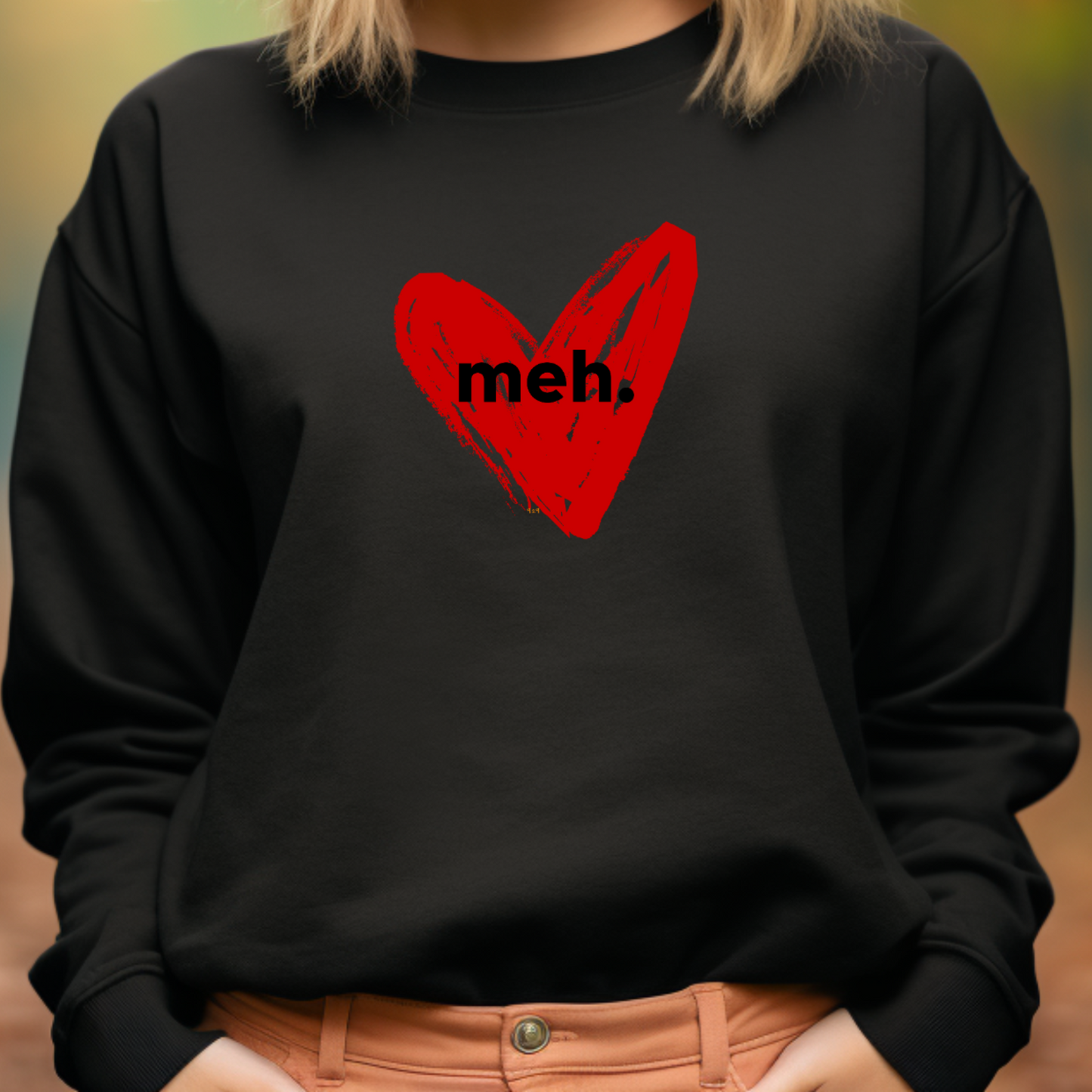 Female model wearing Black sweatshirt with "meh." Original Nine-29 Design