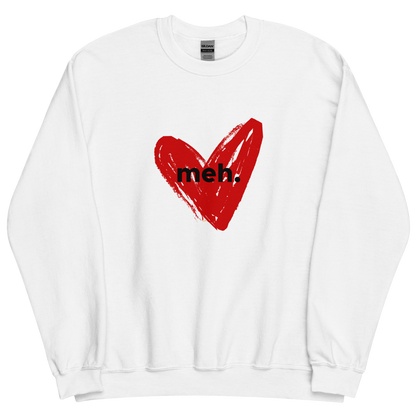 White sweatshirt with "meh." Original Nine-29 Design