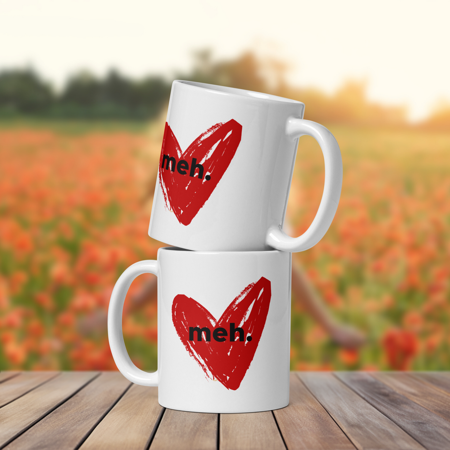 Thumbnail with two stacked-up white mugs with "meh." Original Nine-29 Design