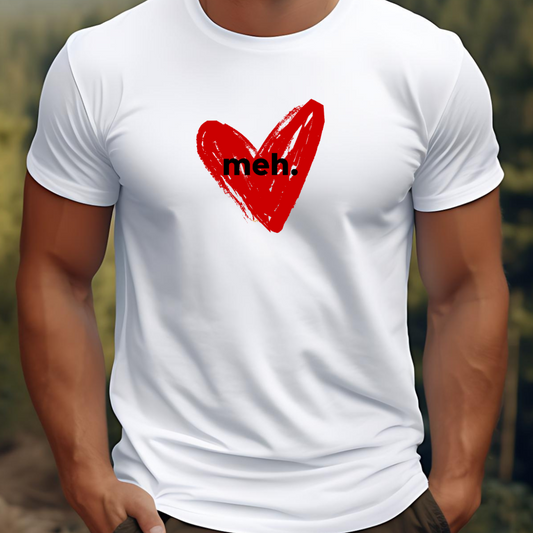 Male model wearing white t-shirt with "meh." Original Nine-29 Design