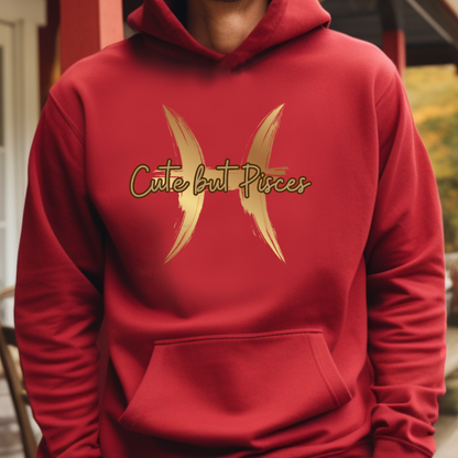 Male model wearing Red hoodie with "Pisces" Original Nine-29 Design