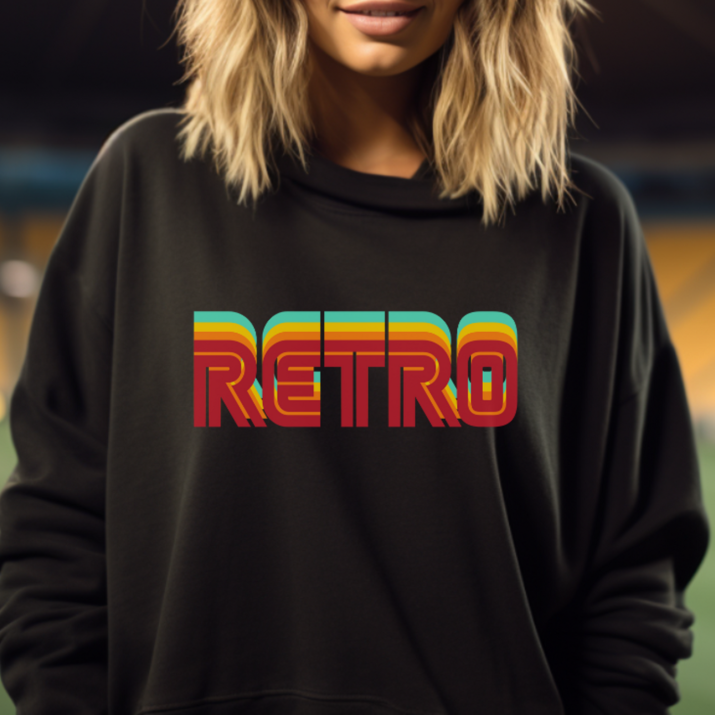 Female model wearing black sweatshirt with "RETRO" Original Nine-29 Design