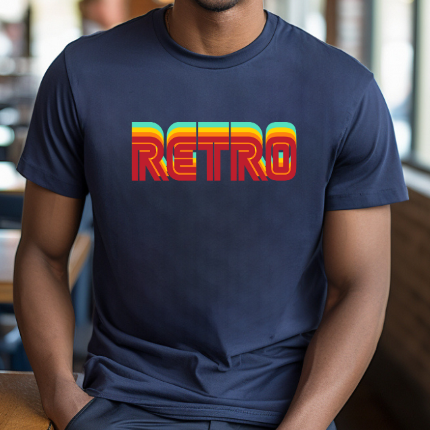 Male model wearing navy t-shirt with "RETRO" Original Nine-29 Design