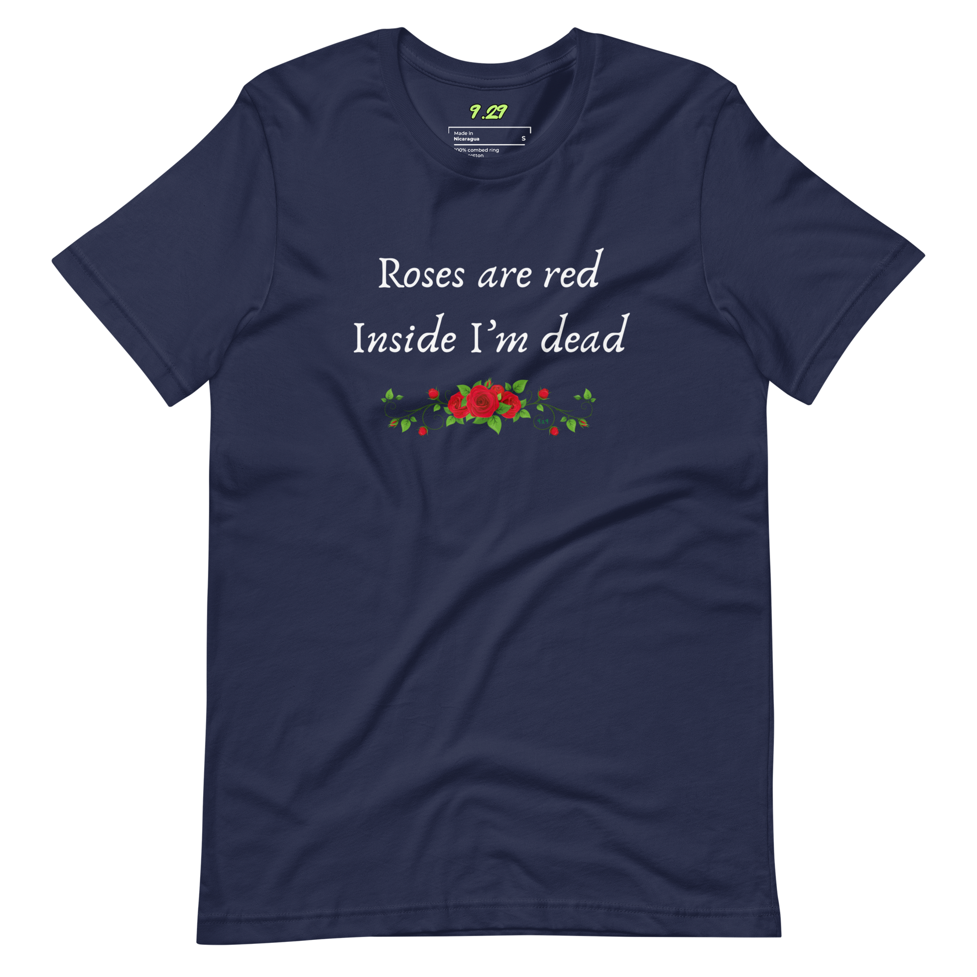 Navy t-shirt with "Roses are red" Original Nine-29 Design