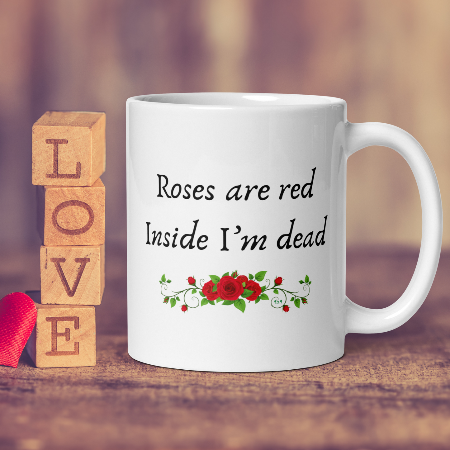 Thumbnail with White mug with "Roses are red" Original Nine-29 Design