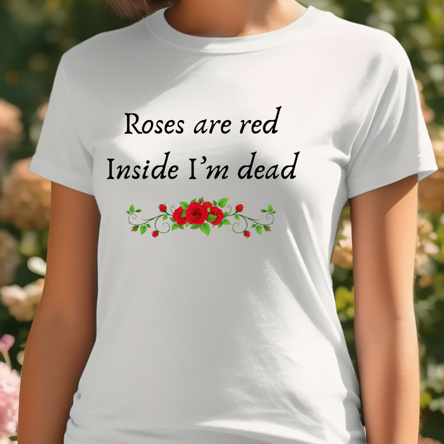 Female model wearing white t-shirt with "Roses are red" Original Nine-29 Design