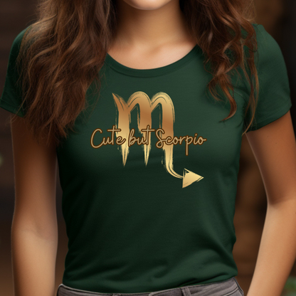 Female model wearing forest green t-shirt with "Scorpio" Original Nine-29 Design