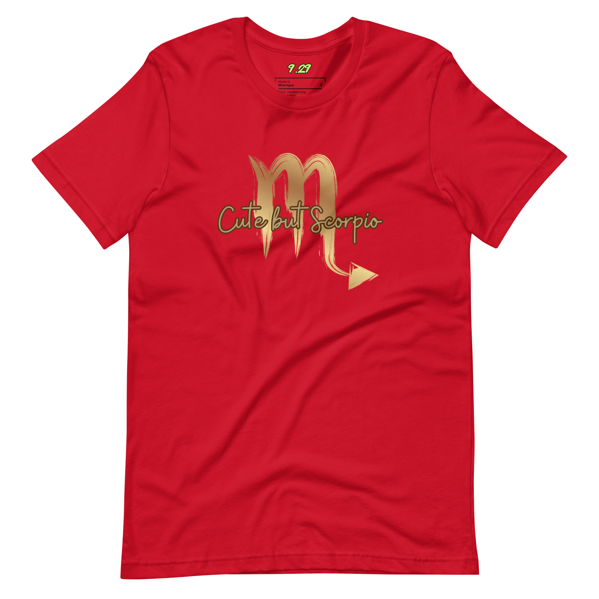 Red t-shirt with "Scorpio" Original Nine-29 Design