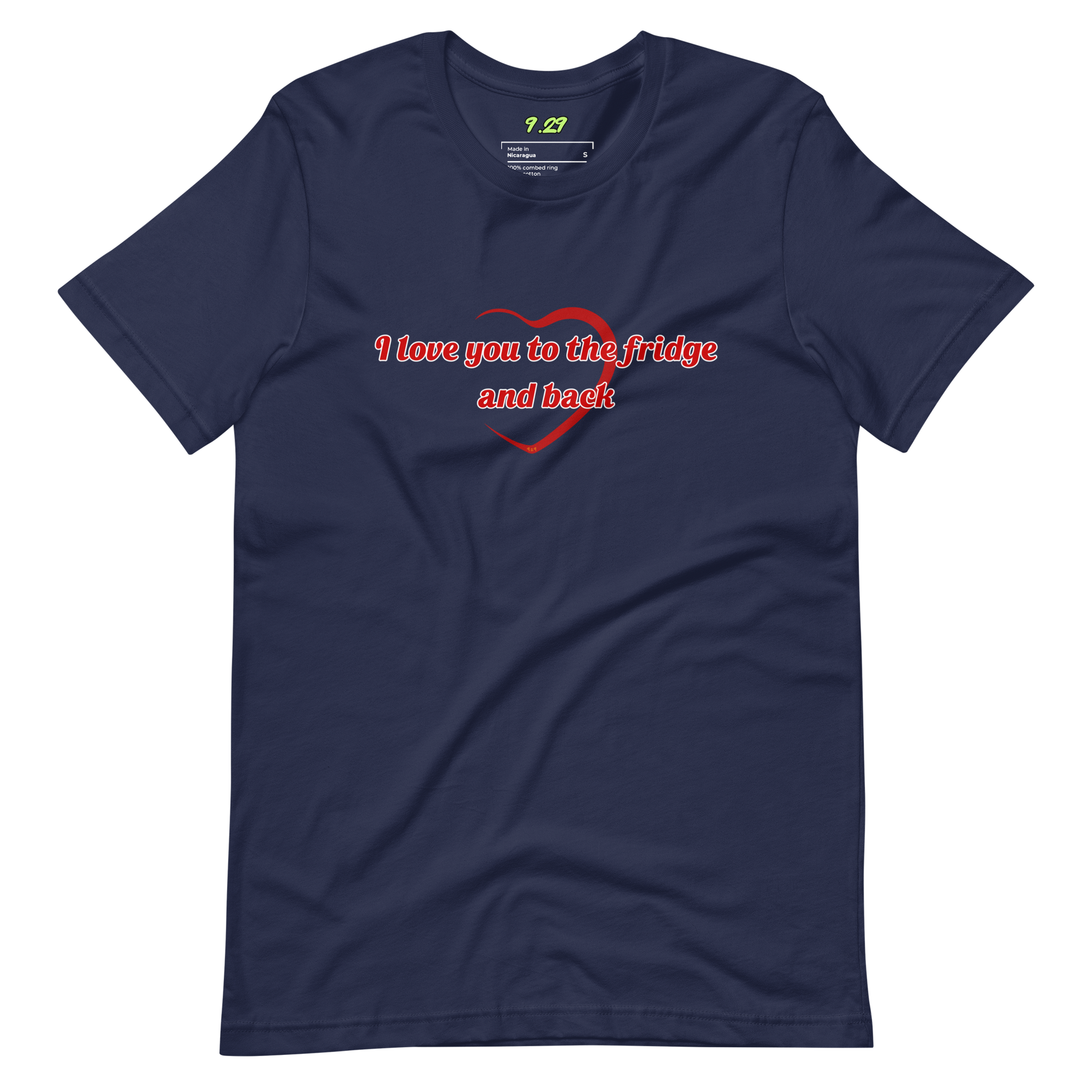 Navy t-shirt with "To the fridge" Original Nine-29 Design