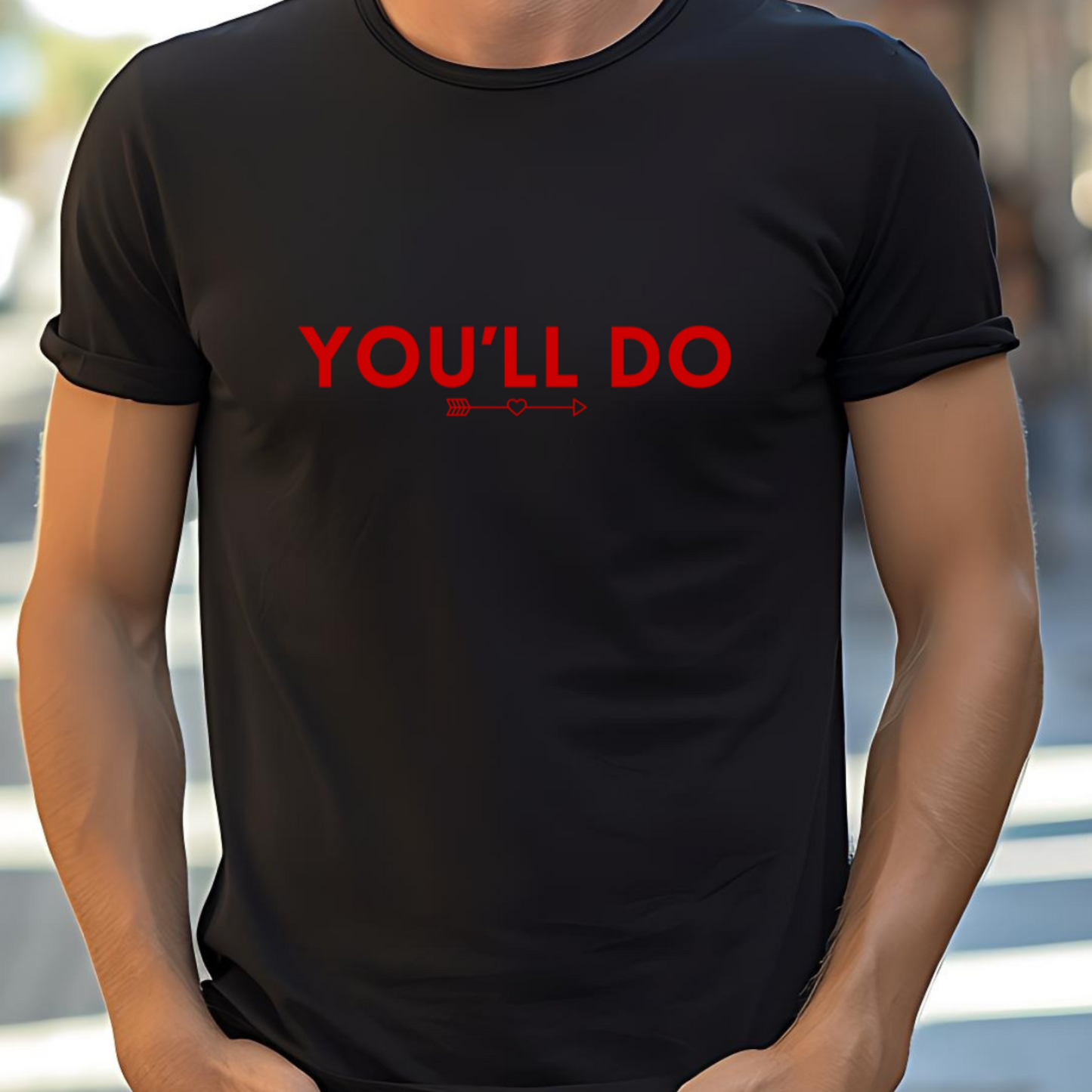 Male model wearing black t-shirt with "You'll do" Original Nine-29 Design