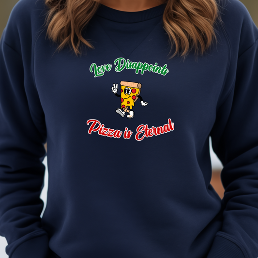 Female model wearing Navy sweatshirt with "Love and Pizza" Original Nine-29 Design