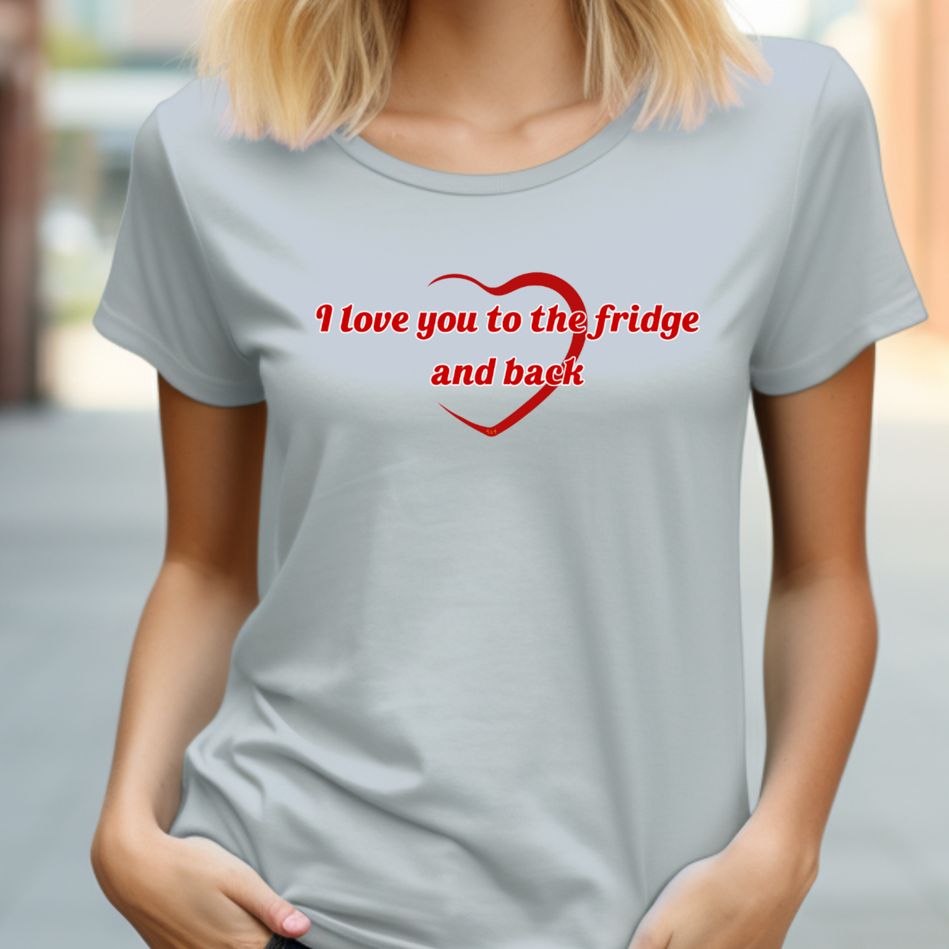 Female model wearing athletic heather t-shirt with "To the fridge" Original Nine-29 Design