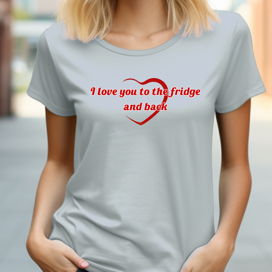 Female model wearing athletic heather t-shirt with "To the fridge" Original Nine-29 Design