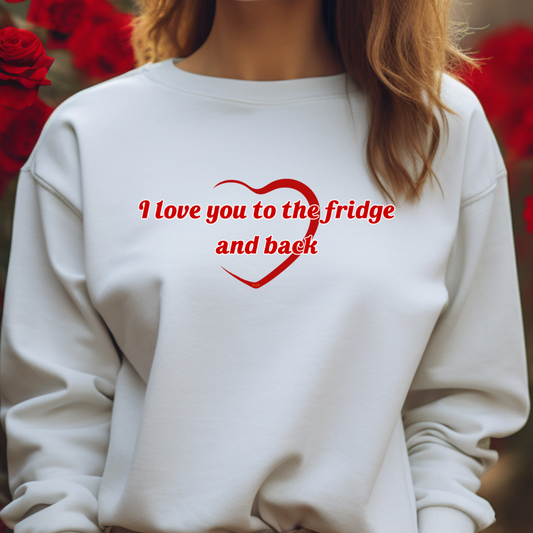 Female model wearing white sweatshirt with "To the fridge" Original Nine-29 Design